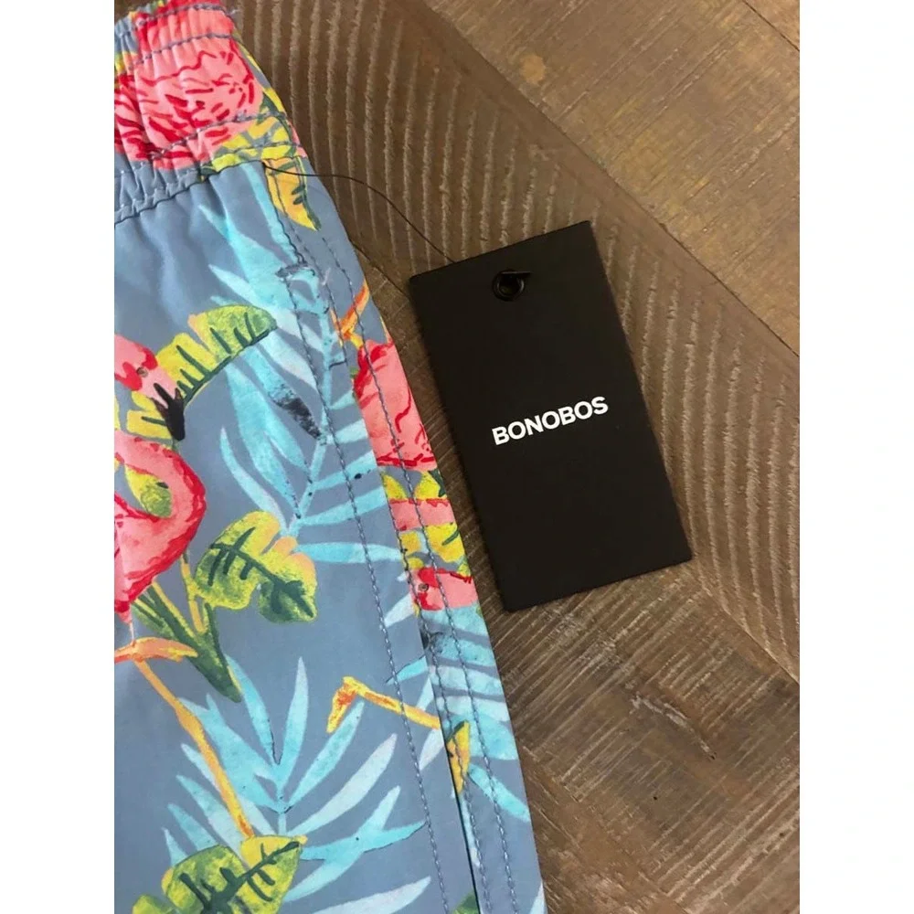 Bonobos Mens Flamingo Tropical Print Swim Trunks Light Blue XL BOE26115RO NWT